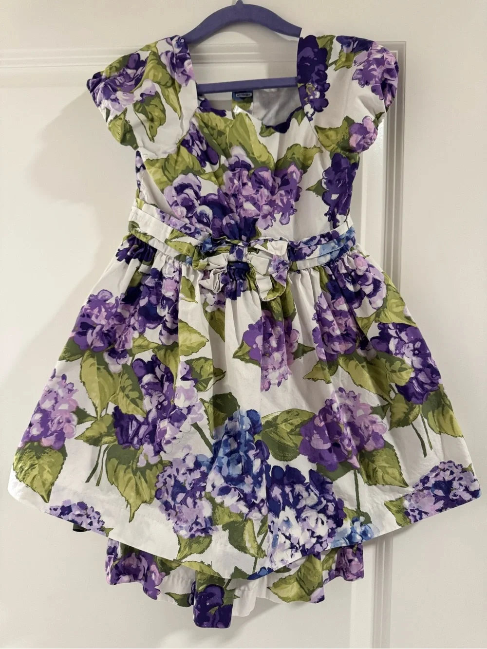 Gymboree White Dress with Purple Hydrangea Print and Green Leaves